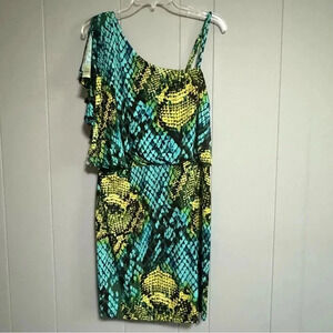 Emma & Michele Vibrant One-Shoulder Dress in Green and Yellow